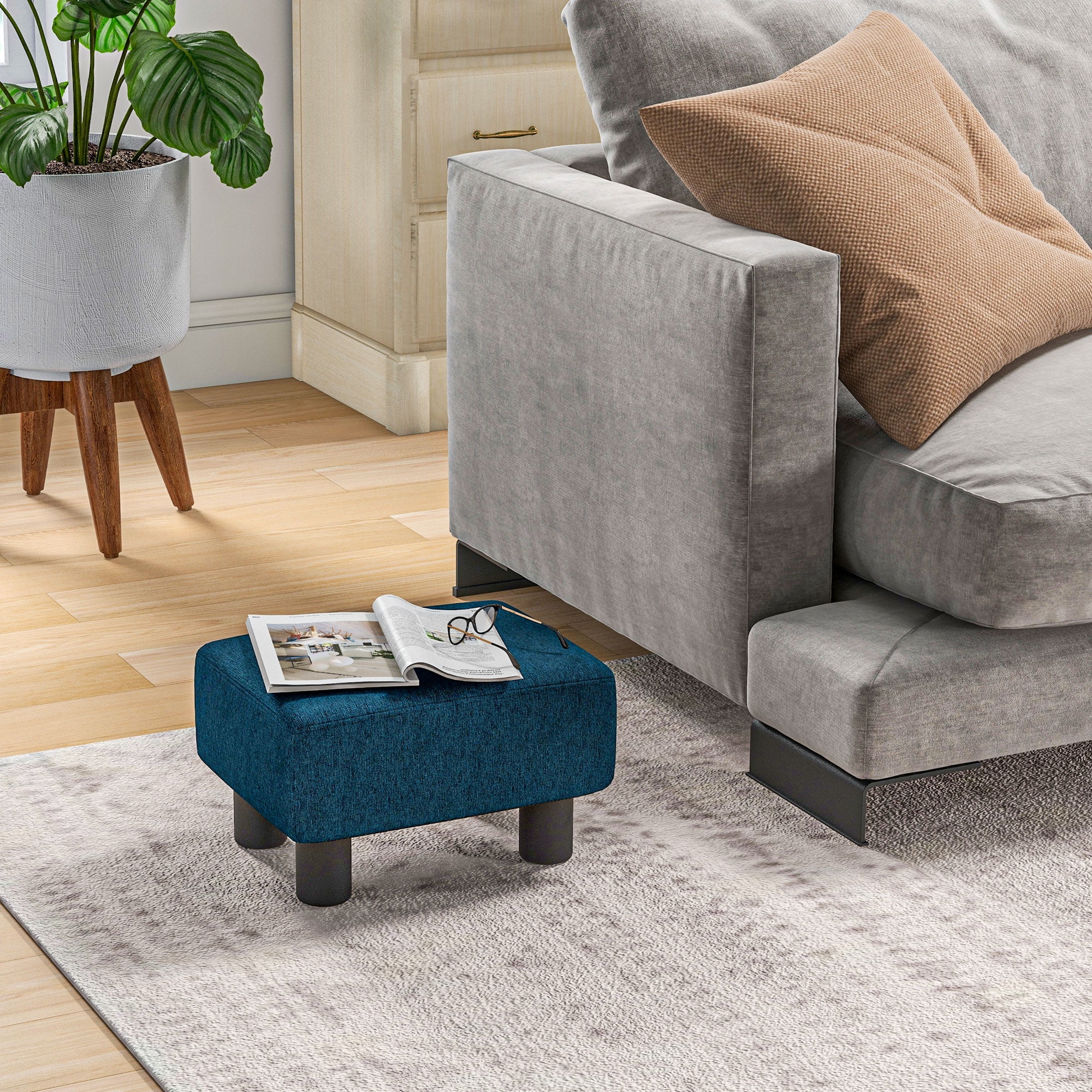 HOMCOM Ottoman Foot Rest, Small Foot Stool with Linen Fabric Upholstery, Blue