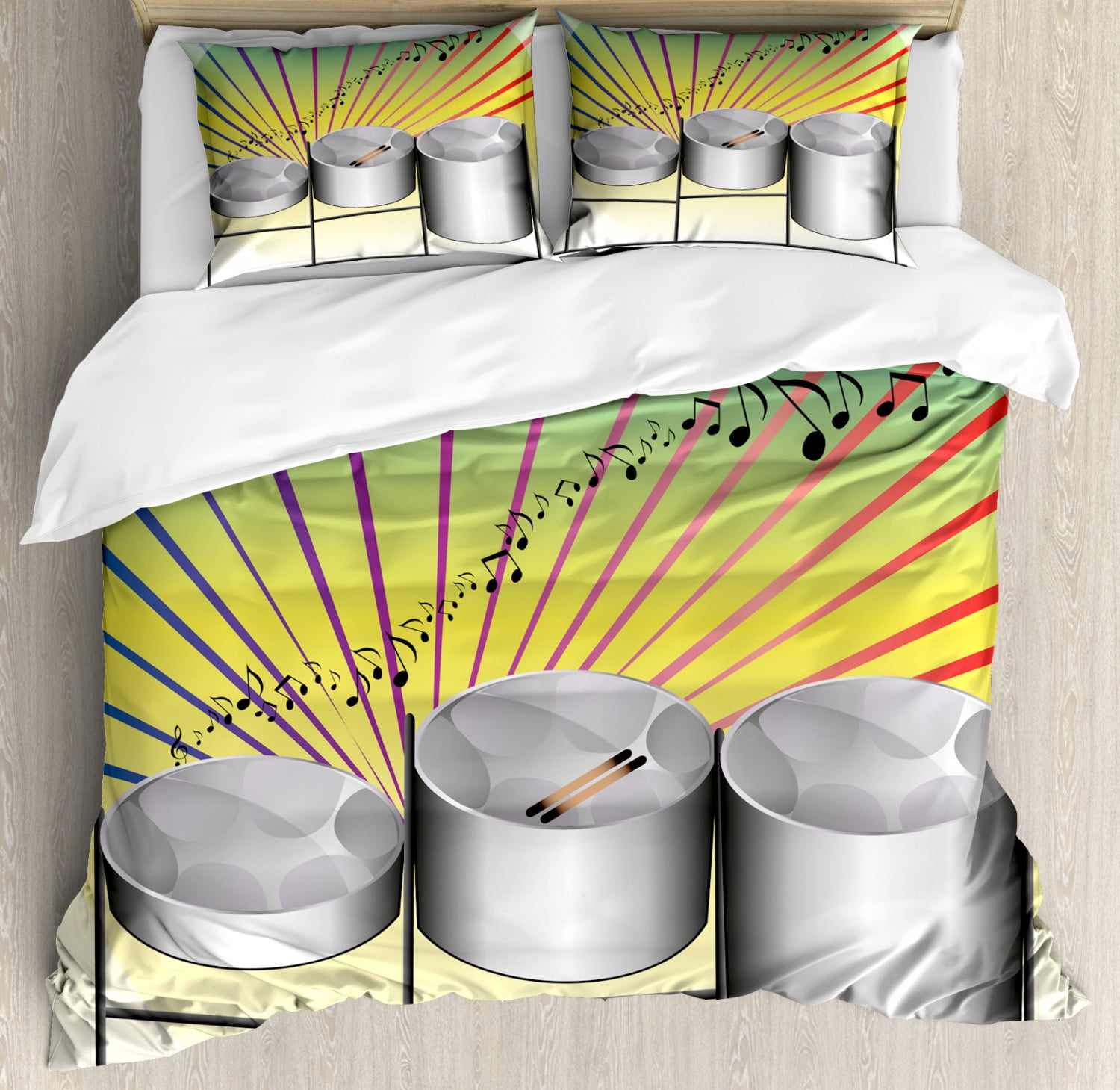 Drums Duvet Cover Set King Size, Sunburst Effect Background with
