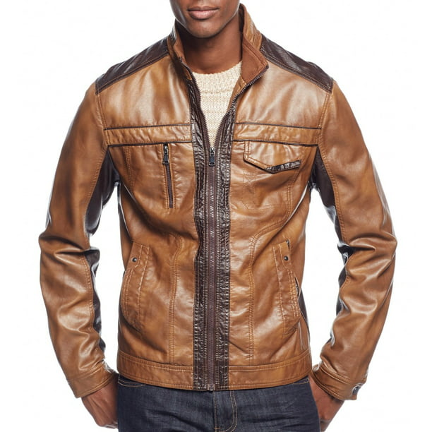INC - INC NEW Brown Men Size Medium M Two-Tone Faux-Leather Motorcycle ...
