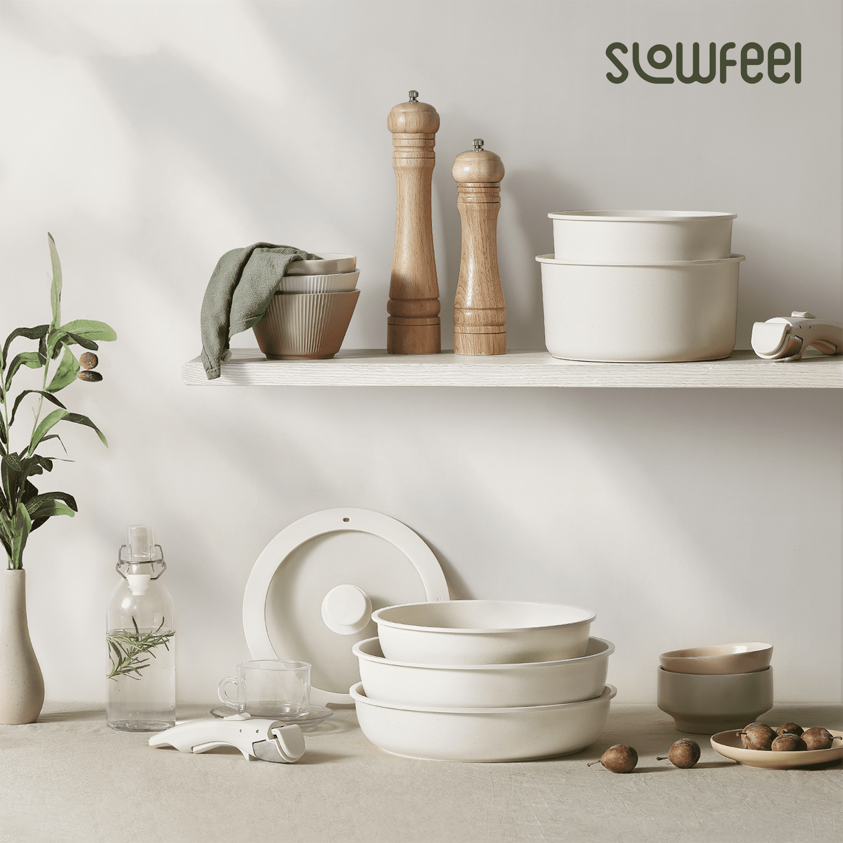 Slowfeel 25-Piece Pots and Pans Set, Nonstick Cookware Set with Detachable Handles, Induction Compatible, Dishwasher Safe, White
