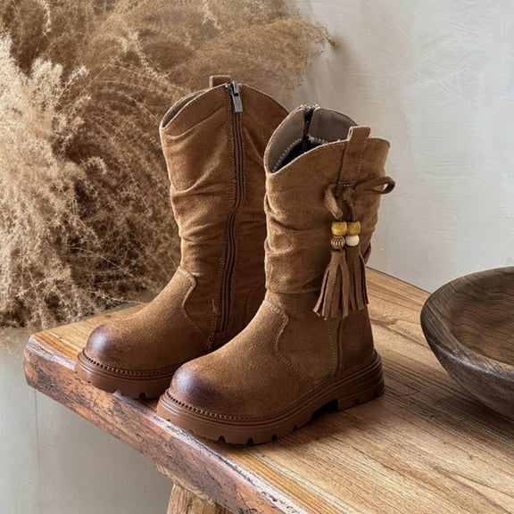 Eltusu Girls Ridding Boots, Thermal Breathable Non Slip PU Kids Shoes Khaki Size 11(Little Kids)