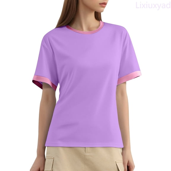 Lixiuxyad Women's Casual Fashion Loose Pullover Solid Color Matching Color Round Neck Short Sleeved T Shirt Loose Fit,Purple L