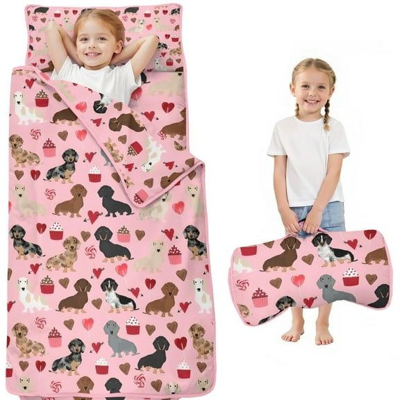 Pink Cute Dachshund Dog and Love Heart Toddler Nap Mats for Kids Preschool,Sleeping Mat Bag or Kids,Toddler Sleeping Bag,Toddler Nap Mat or Daycare