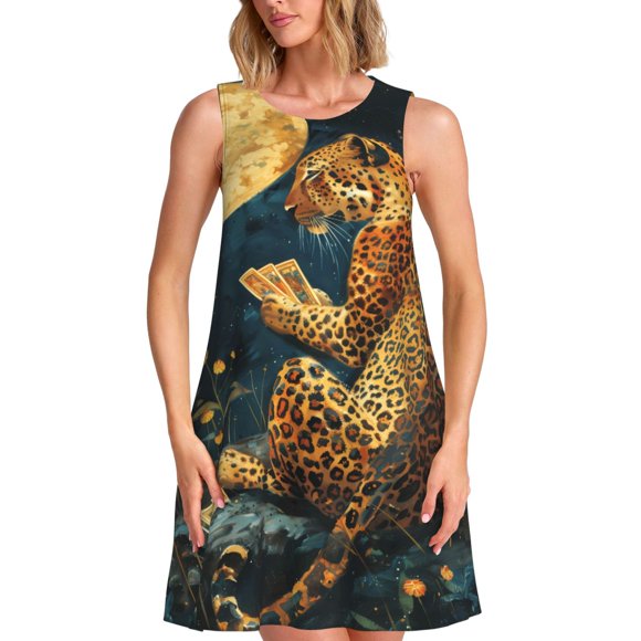 Balery Leopard Reading Tarot Cards Pattern Women’s Summer Dresses – Loose Sleeveless Sundress, Casual and Comfortable Beach Dress for Hot Days