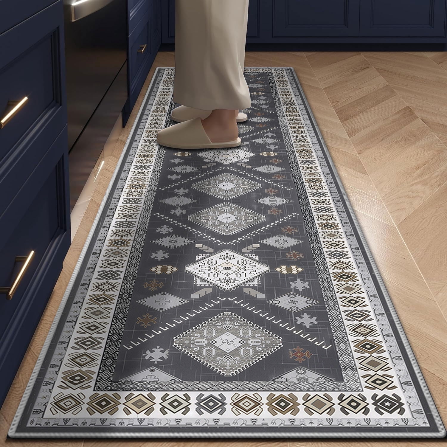 TECHVIDA 2'x8' Hallway Runner Rug Boho,Non Slip Machine Washable Rugs for Hallway Kitchen,Dark Grey