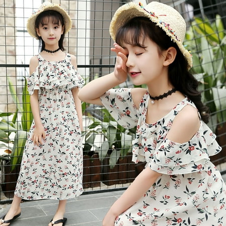 

Hunpta Beach Girls Ruffles Kids Floral Shoulder Clothes Children Teen Casual Dress Off Girls Dress&Skirt