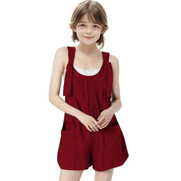 Beach Vacation Clothes for Girl on Clearance Summer Short Rompers for Girls 2025 Sleeveless Tie Knot Strap Jumpsuit Casual Loose Overalls with Pockets New Red 13 Years