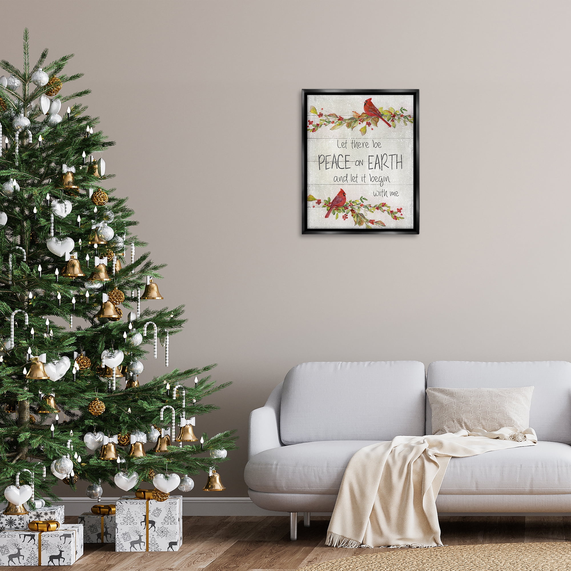 Stupell Industries Peace On Earth With Me Holiday Painting Black Floater Framed Canvas Art Prints Wall Art, 25 x 31