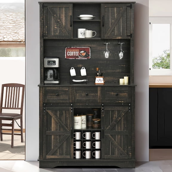 4 Ever Winner Coffee Bar Cabinet Farmhouse Rustic Oak Sliding Barn Doors, Wine Rack & Glass Holders, 3 Drawers & 6 Adjustable Shelves 72 Inch