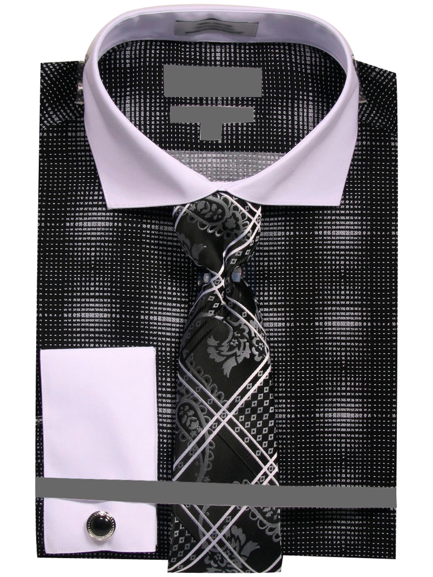 Gray Black Plaid 100% Cotton Dress Shirt w/ French Cuffs & Cutaway Collar 