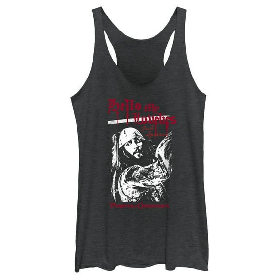Women's Pirates of the Caribbean: Curse of the Black Pearl Jack Sparrow Hello My Lovelies  Racerback Tank Top Black Heather Medium