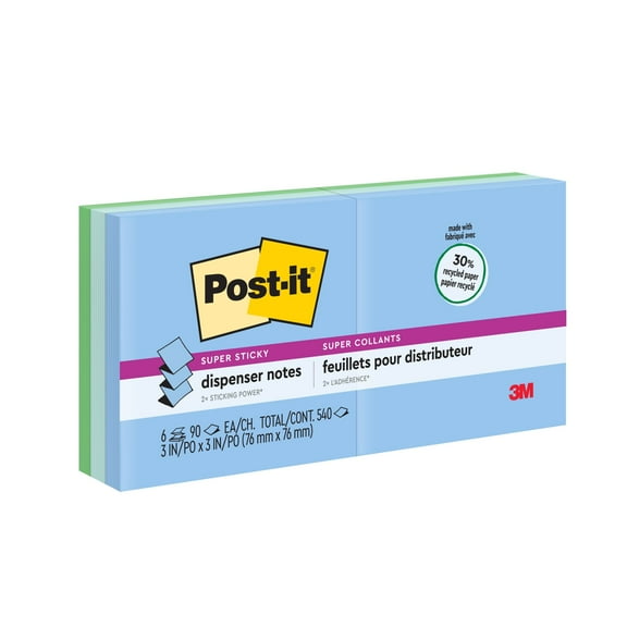 Post-it Super Sticky Dispenser Pop-up Notes, 3 in x 3 in, Oasis, 6 Pads