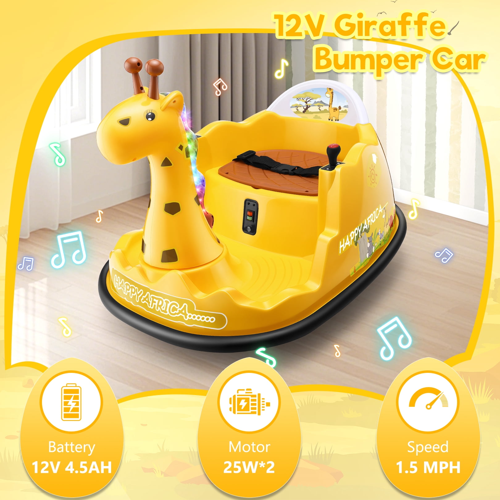 Funcid 12V Electric Giraffe Bumper Car for Toddler, Baby Bumper Car with Remote Control, Kids Ride on Toy for Boys Girls 2+, 360° Spin, LED Lights, Music, Yellow