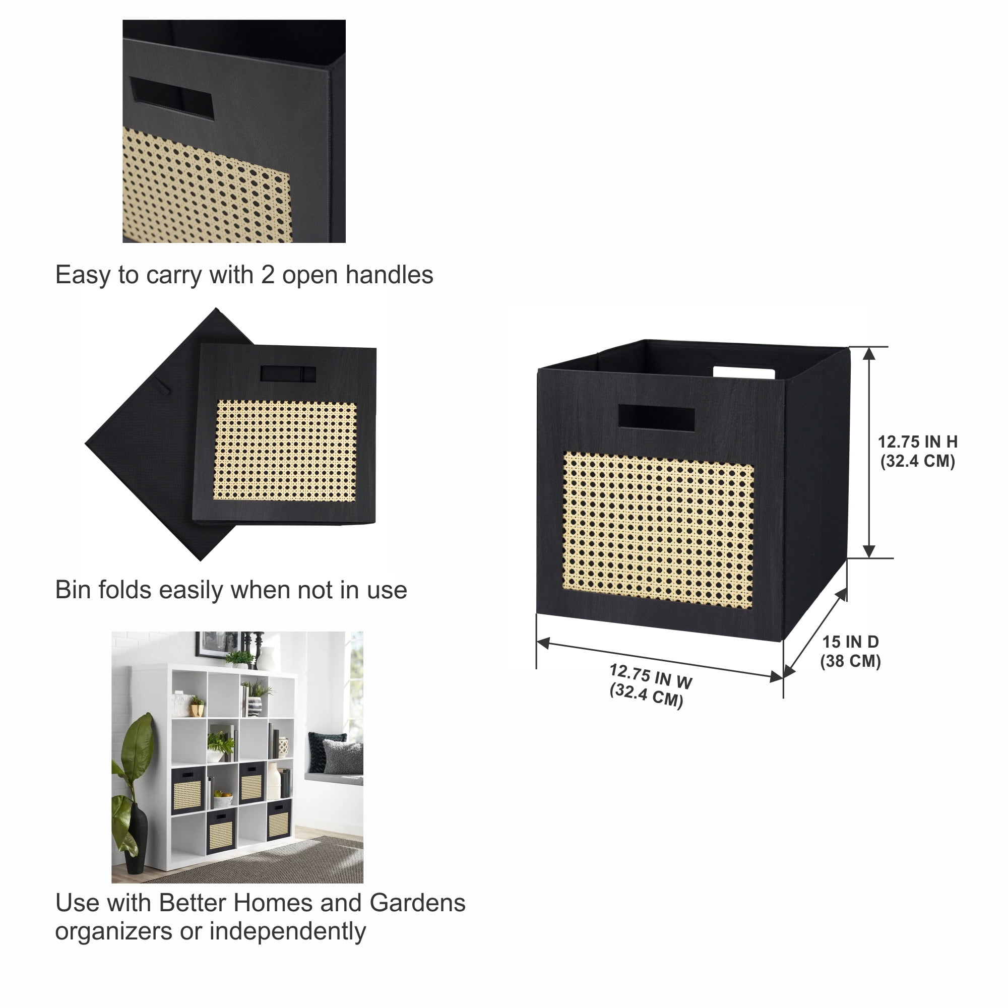 Better Homes & Gardens Fabric Cube Storage Bins (12.75" x 12.75"), Charcoal with Caning, 2 Pack