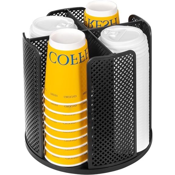 Januofit 4-Compartment Rotating Paper Cup Holder & Coffee Cup Lid Storage Dispenser, Plastic Cup Dispenser Removable, Space-Saving Countertop Cup Holder for Coffee Bars, Kitchens (Black)