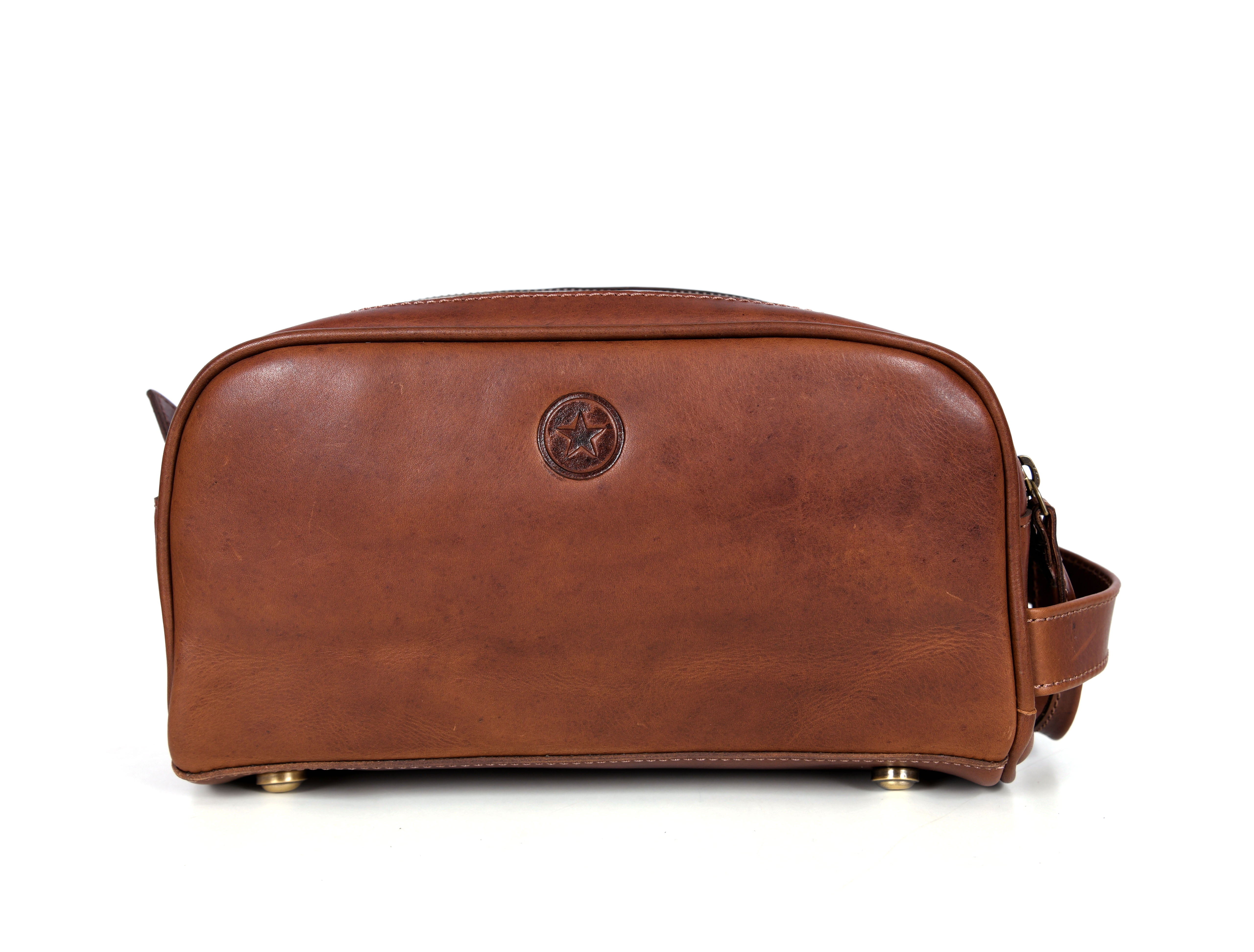 Aaron Leather Goods Genuine Leather Toiletry Bag - Chestnut