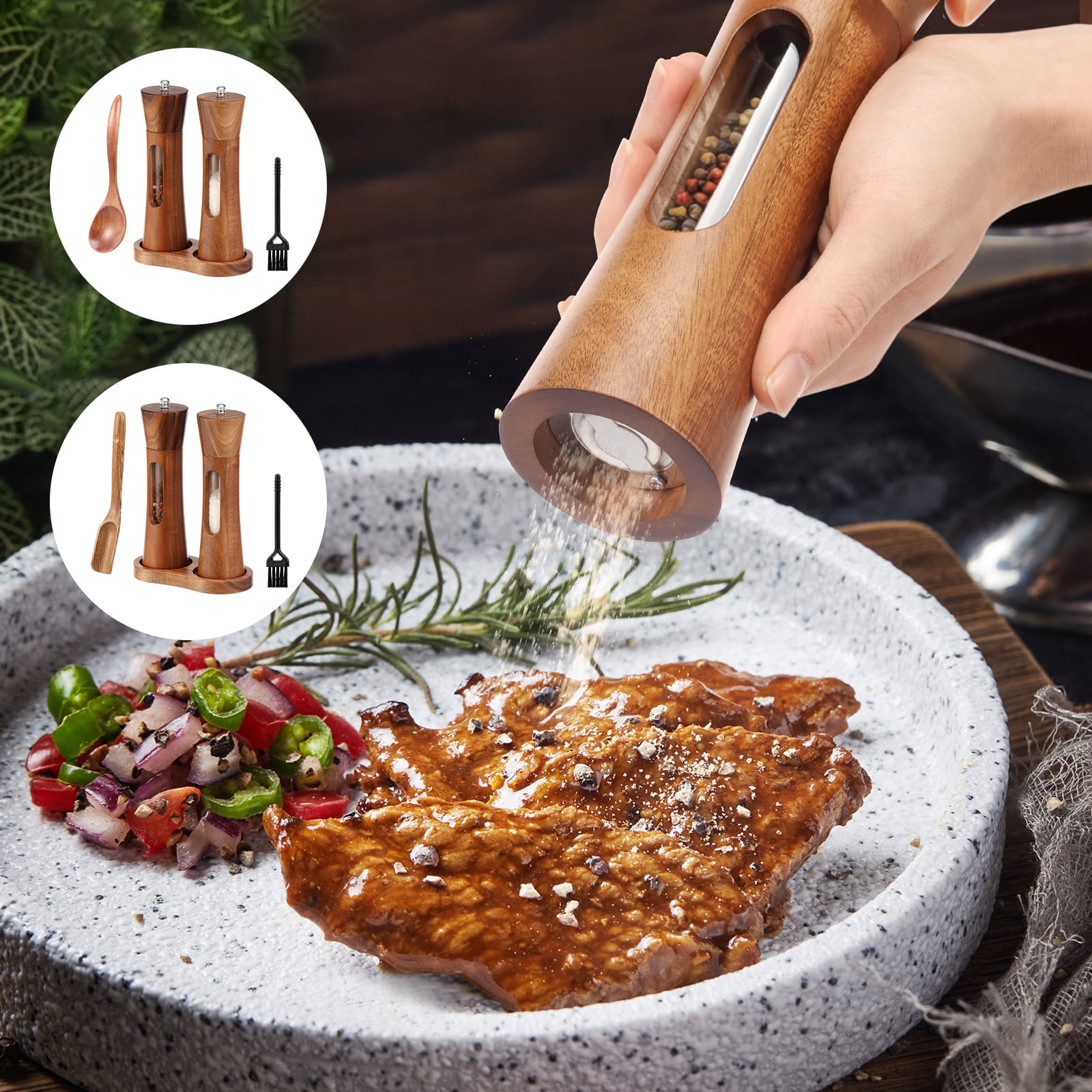 2 PCS Acacia Wooden Salt and Pepper Grinder Set 7.87 Inch Refillable Salt and Pepper Shakers with Clear View Window Ceramic Grinder, Adjustable Coarseness Tray + Cleaning Brush + Wooden Spoon