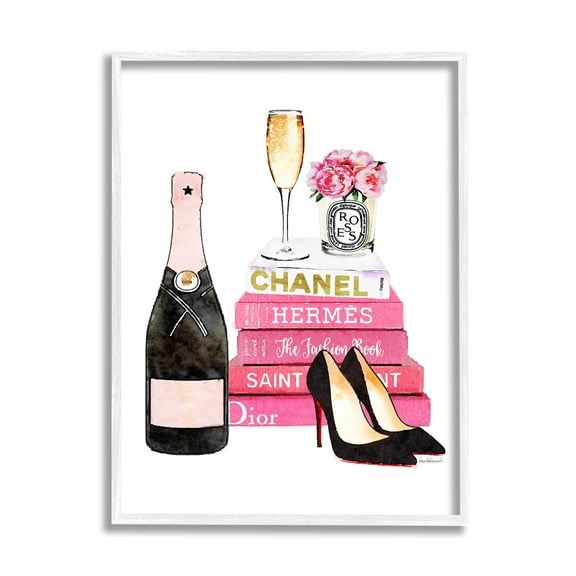 Stupell Industries Glam Pink Fashion Book Champagne Hells and Flowers Graphic Art White Framed Art Print Wall Art, 11x14, by Amanda Greenwood