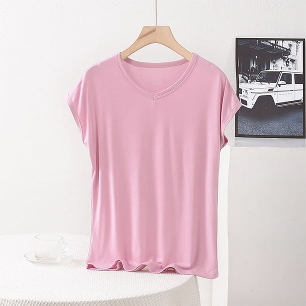 Pijama de manga corta para mujer, ropa interior de cuello redondo de color liso, pijama de manga larga, top de algodón