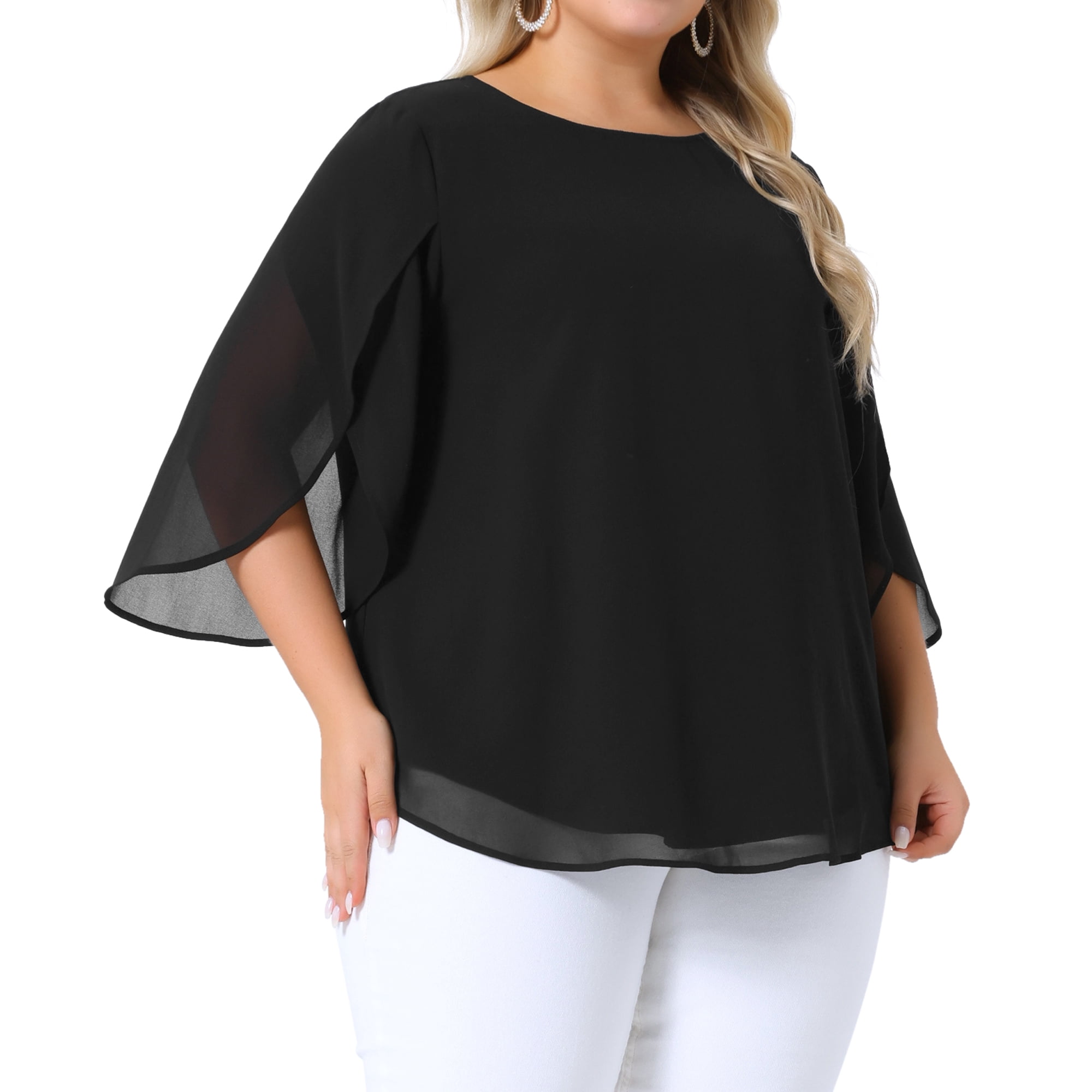 Women's Plus Blouses with Flutter Petal Half Sleeve Chiffon Top 6X Black
