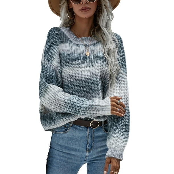 VISgogo Suéteres de cuello redondo para mujer, blusas de punto sueltas con estampado de teñido anudado de bloque de color de manga larga VISgogo moda