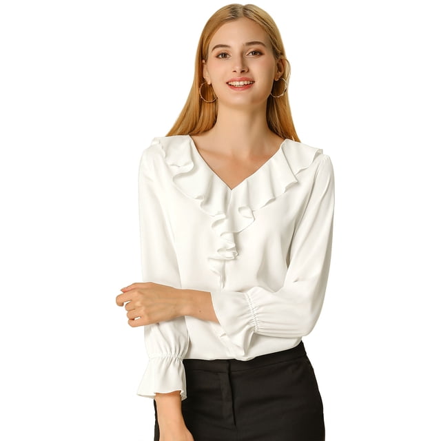 INSPIRE CHIC Women's Ruffle V Neck Elegant Office Work Chiffon Blouse Top