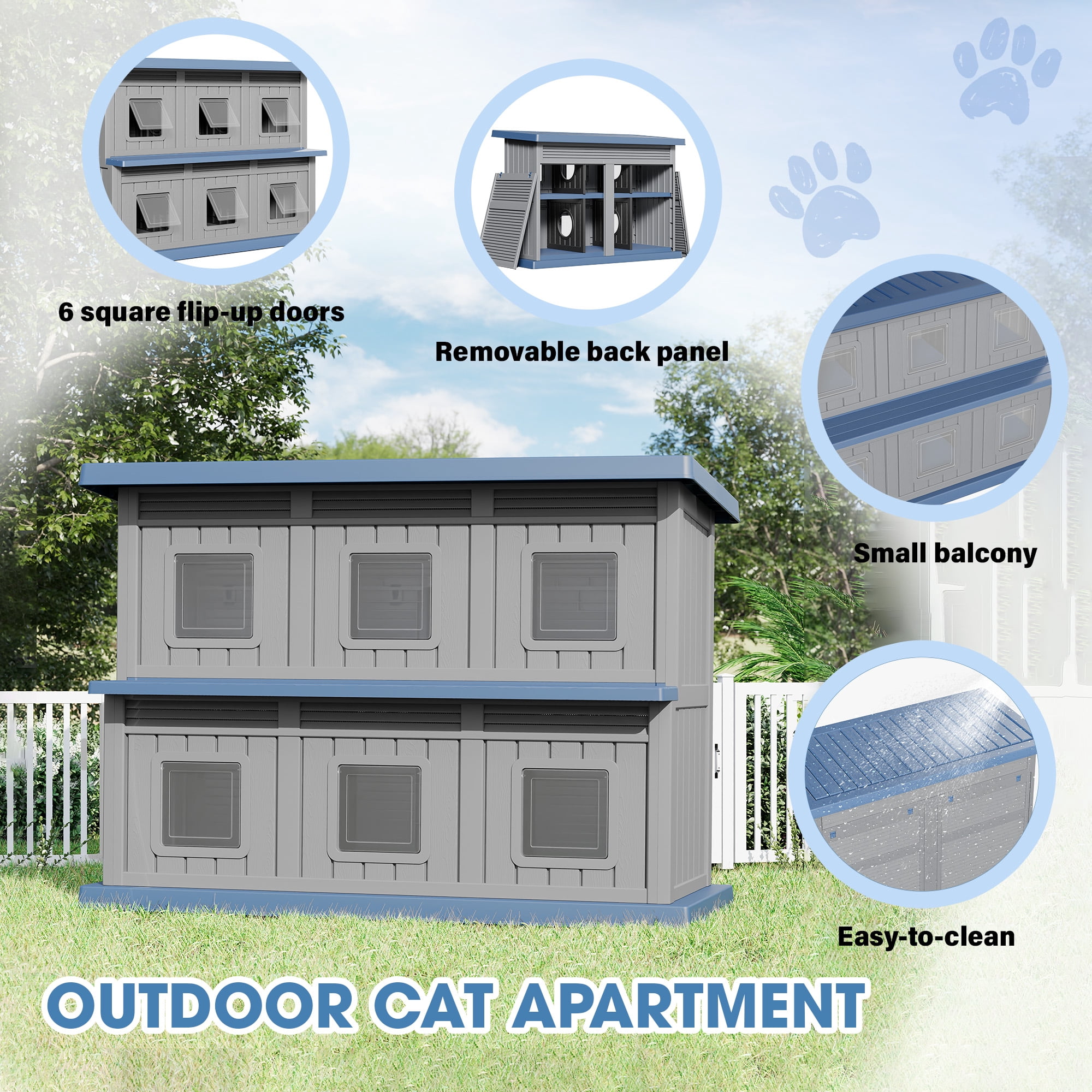 Bifanuo Outdoor Cat House,Double-Decker Resin Cat House,Weatherproof UV Protection Cat Shelter for Feral Cats,Assemble Easily for Home & Yard,Blue&Gray