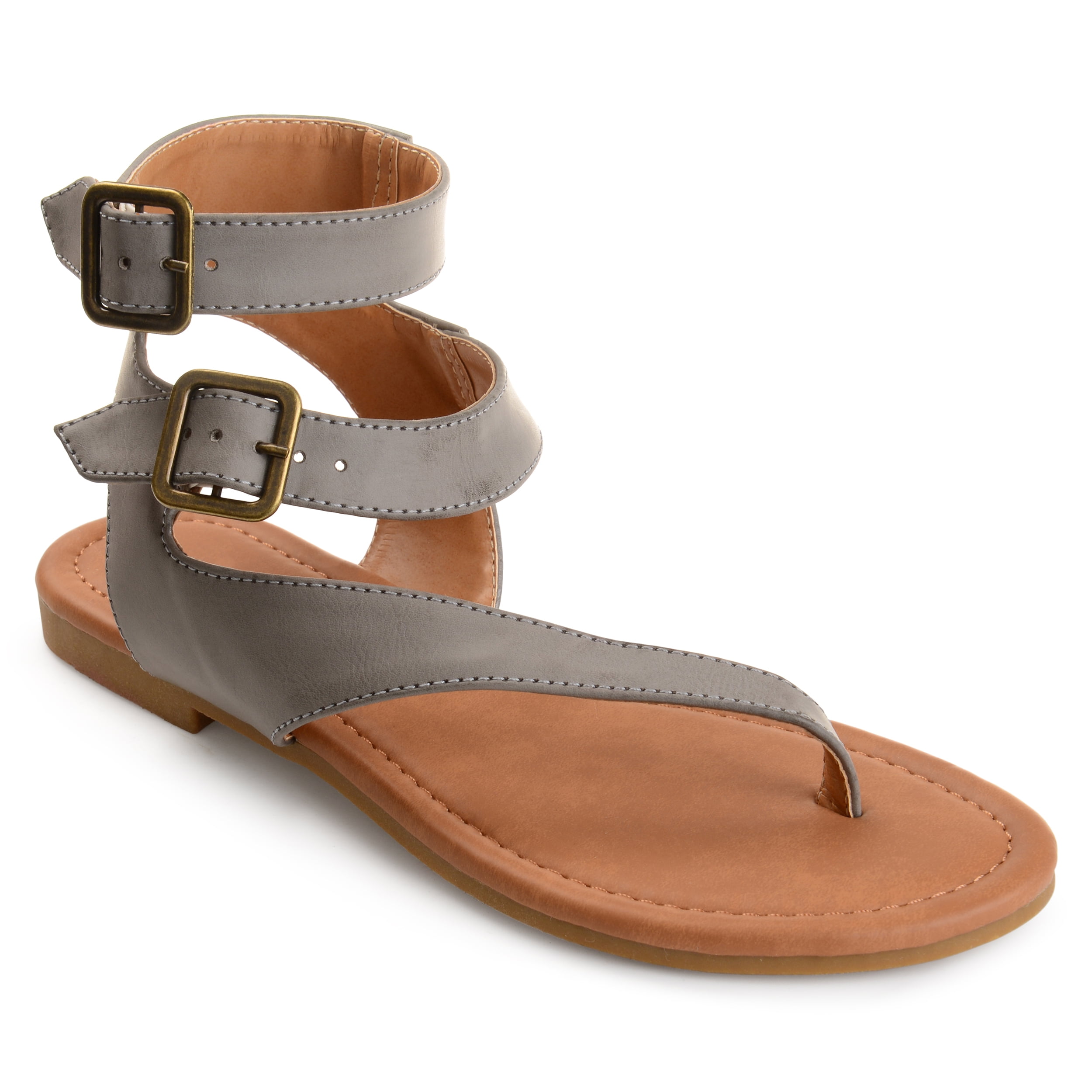 Womens Faux Leather Buckle Double Wrap Thong Sandals