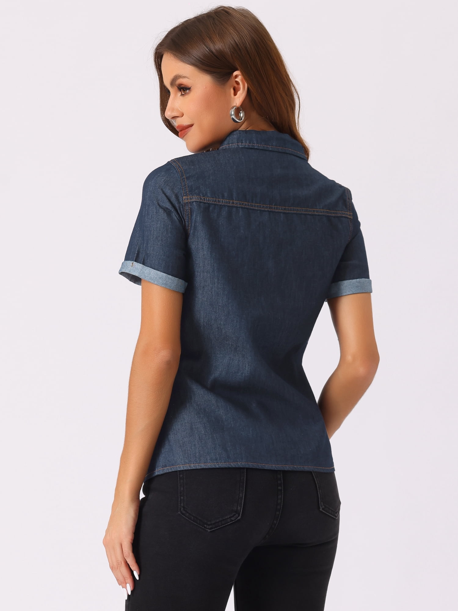 DARING DIVA Women's Denim Collared Short Sleeve Chest Pocket Button Up Shirt L Deep Blue