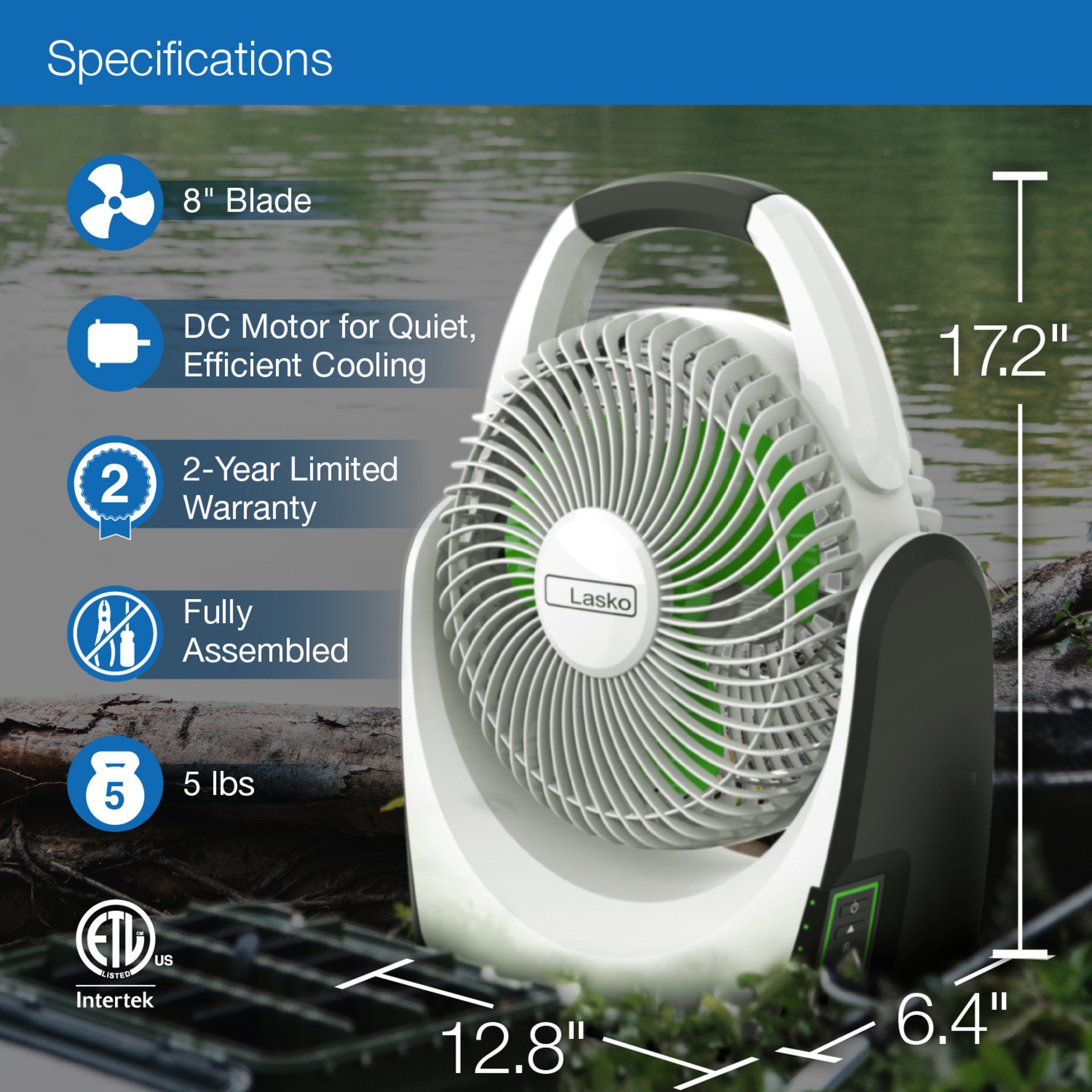 Lasko 8" Portable 5-Speed Outdoor Rechargeable Battery Table Fan, 17" H, White, New