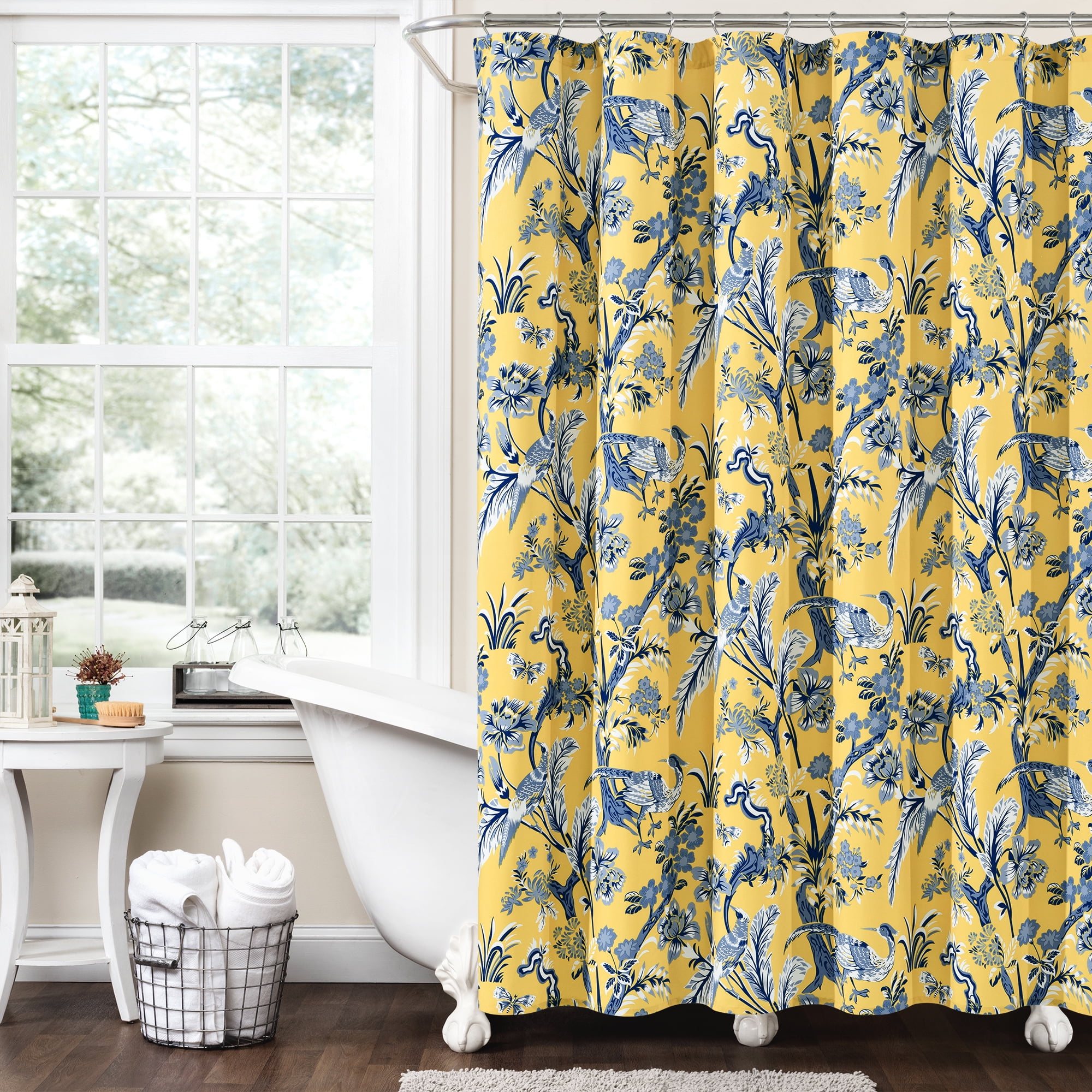 Yellow Retro Floral Flower Leaves Modern Bathroom Waterproof Bath Shower Curtain 