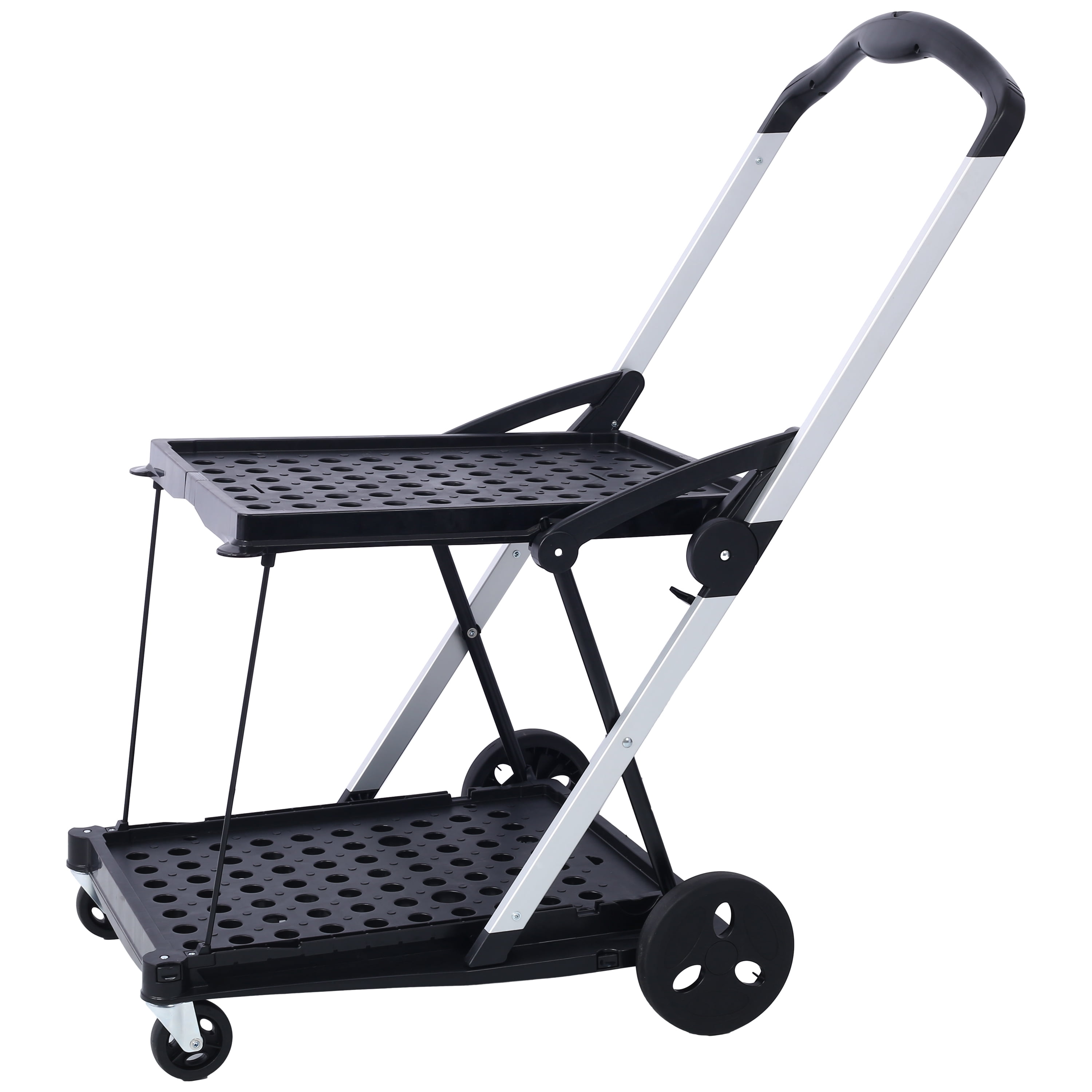 2-Tier Collapsible Utility Cart with Basket, Aluminum Steel Frame, 360° Swivel Wheels & Foot Brake, One-Hand Fold Portable Shopping Cart, Heavy Duty for Shopping Warehouse Home Office