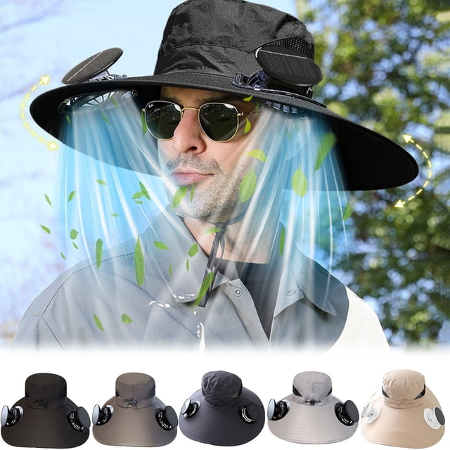 Sombrero de pescador alimentado por energía solar con ventilador incorporado de carga USB | Ventilación de malla con protección solar de ala ancha para hombre | Gorra de enfriamiento por viento