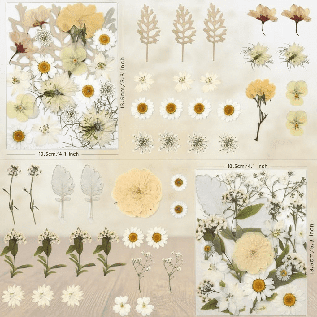 80 Pcs Dried Flowers for Crafts, Real Natural Pressed Flowers in Soft Yellow, White & Pink for Resin Art, DIY Jewelry, Candle and Soap Making Kit with Tweezers Included