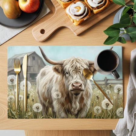 Farmhouse Cow Placemats Set of 6, Dandelion Meadow Rustic Pastoral Country Non-Slip Place Mats Washable Table Mats for Kitchen Dining Table Decorations Indoor/Outdoor