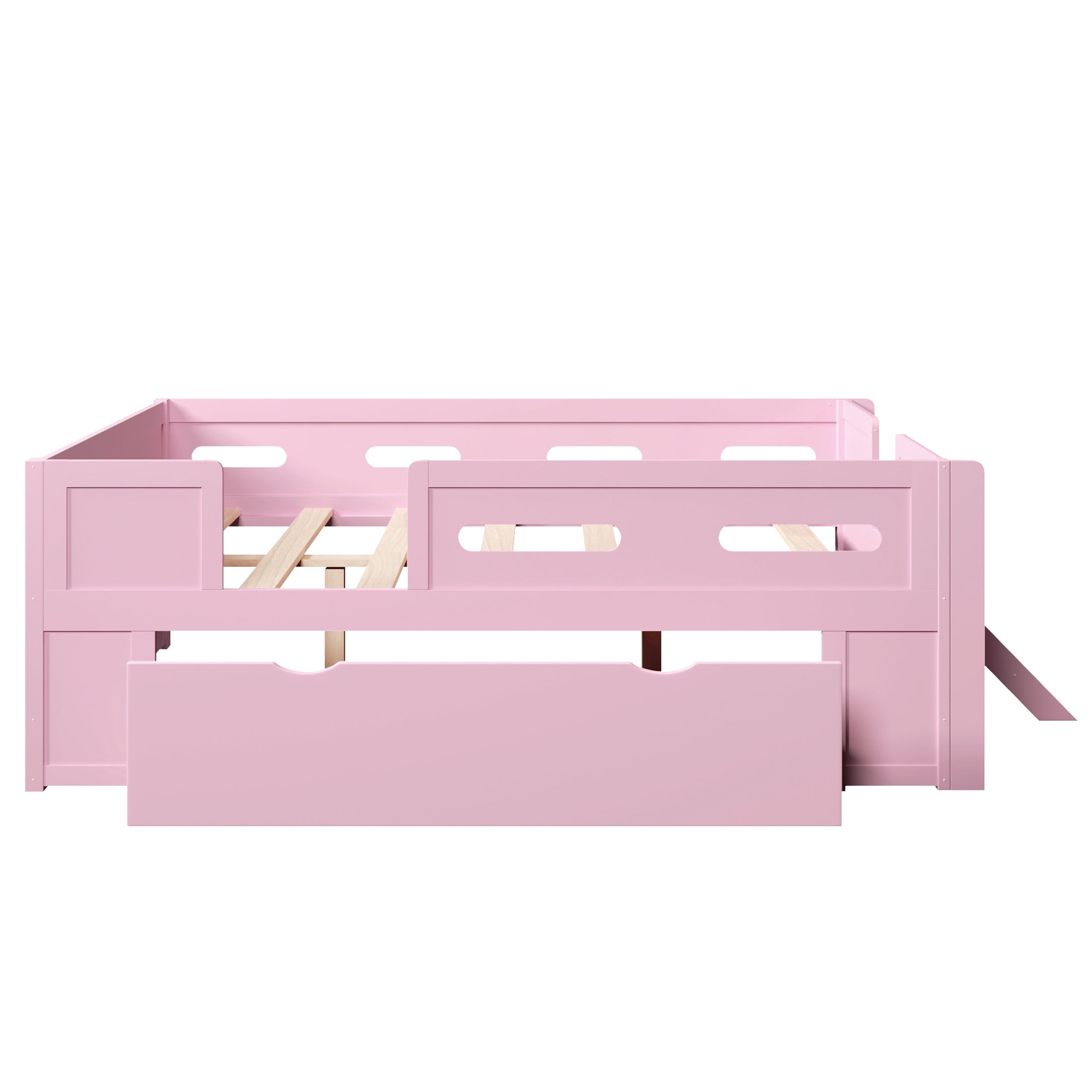 Noble House Genrix Full Size Pine Wood Platform Bed with Guardrail and Storage Drawer, Kids Bed Frame, Pink