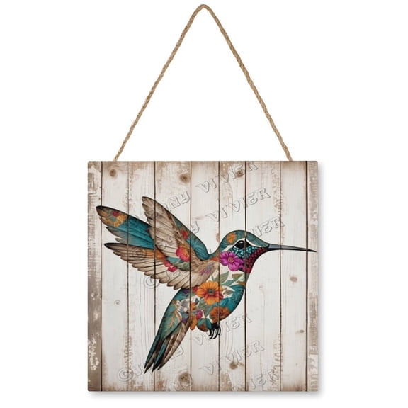 Welcome Spring Hummingbird Front Door Sign Decor 12"x12" Spring Floral Flowers Wood Door Hanger for Outdoor Outside Porch Seasonal Summer Farmhouse Wooden Wall Hanging Sign