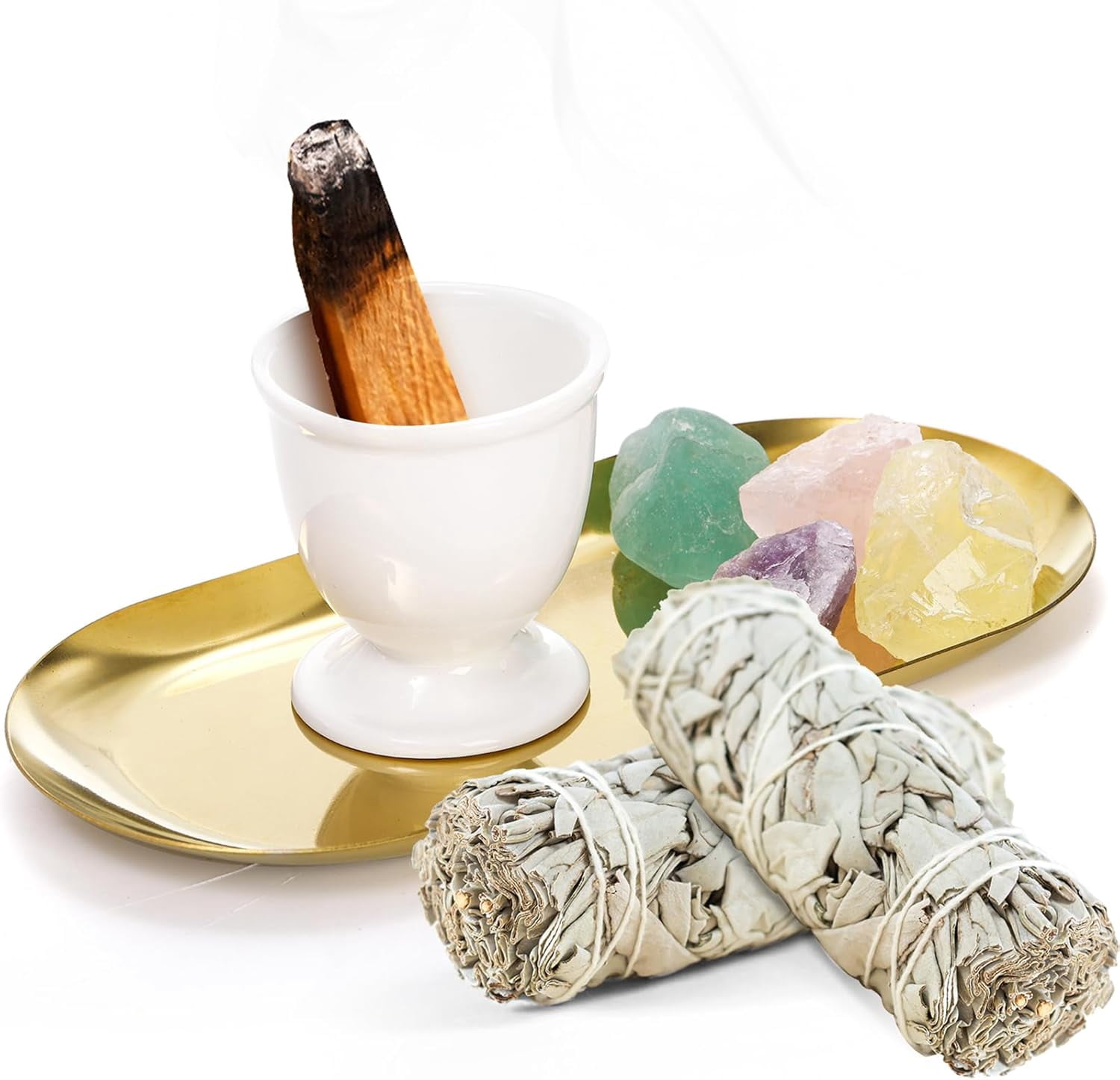 6 in 1 Brass Incense Burner Holder, Palo Santo & Sage Sticks Holder, Ash Catcher Tray with Buddha Statue for Coil Incense, Incense Cone & Stick, Meditation Accessories, Yoga Room Decor