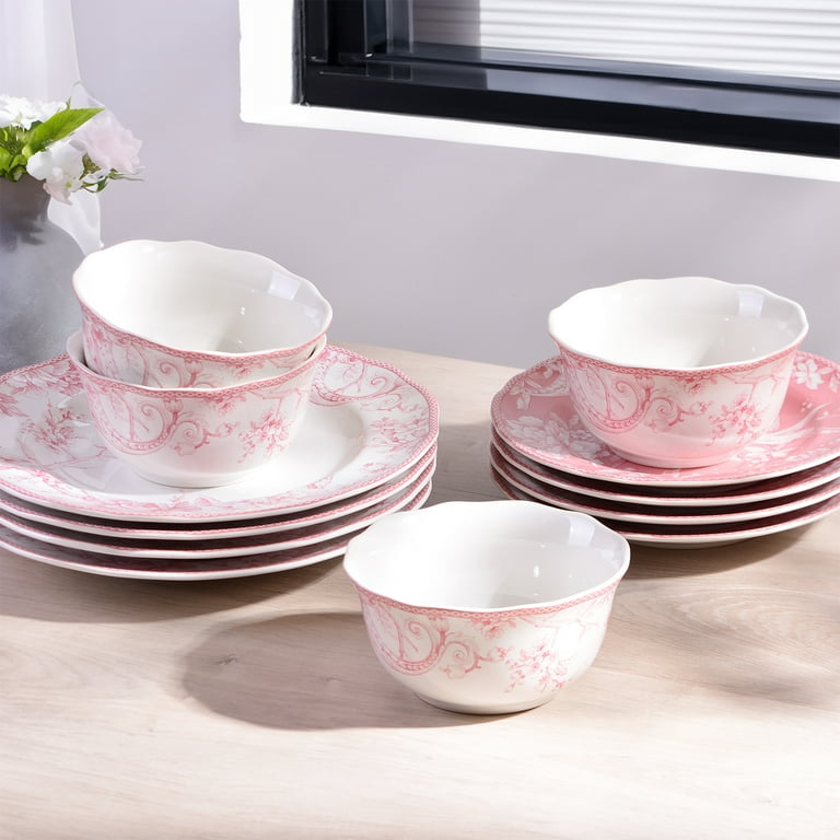 222 Fifth Adelaide Round Porcelain Dinnerware Set, 12-Piece, Pink