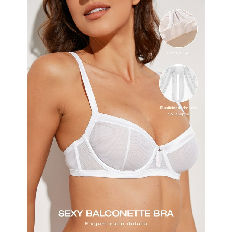Deyllo Women's Sheer Mesh Lace Unlined Underwire Bra Sexy See-Through Demi  Bralette?White 32C 