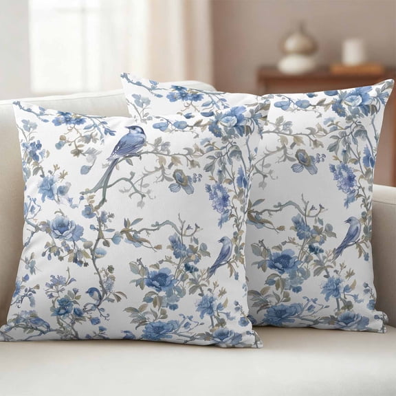 Pack of 2 Outdoor Pillow Covers 24x24 Inch Waterproof Blue Floral Birds Throw Pillow Covers,Decorative Couch Pillow Case Sham Farmhouse Flowers Pastoral Pillowcases Cushion Covers for Patio Garden