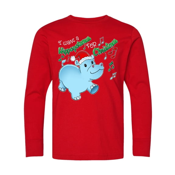 Inktastic I Want a Hippopotamus for Christmas Hippo in Santa Hat Long Sleeve Youth T-Shirt