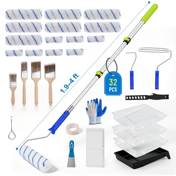 RELOIVE 32PCS Paint Roller Kit with Extension Pole, 1.9 to 4 Ft Pole, 4"9" Paint Rollers, Paint Brushes Set for Professional Painting,House Paint Roller for All Latex and Oil Paints & Stains
