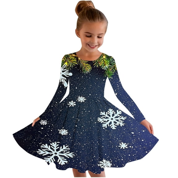 SuTry Girls Christmas Printed Long Sleeve Twirly Skater School Recital Dress Long Sleeve Round Neck Dress for Kids 4-15 Years(Multicolor#2,10-11 Years)