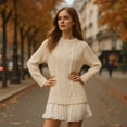 thumbnail image 5 of Women's Cable Knit Sweater Dress - Pleated Patchwork Mini Dress with Crewneck Long Sleeve, 5 of 7