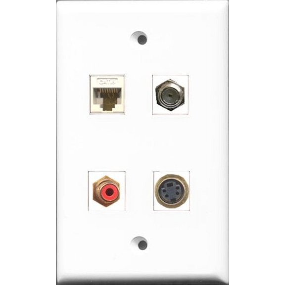 RiteAV 1 Port RCA Red and 1 Port Coax Cable TV- F-Type and 1 Port S-Video and 1 Port Cat6 Ethernet White Wall Plate
