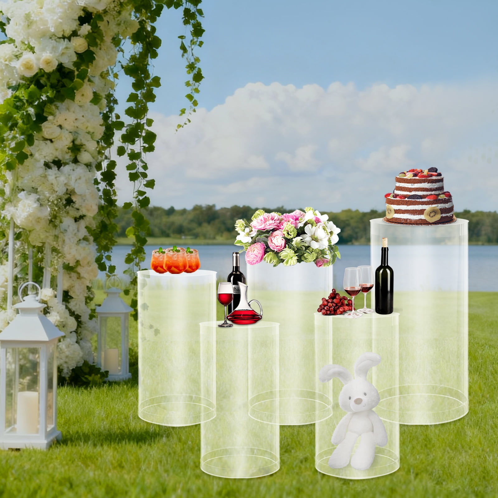 ToppiJoy Cylinder Pedestal Stands, Display Round Decor Backdrop, Metal Round Cylinder Plinths Dessert Table Display Pillars for Birthday Wedding (Clear, 5Pcs)