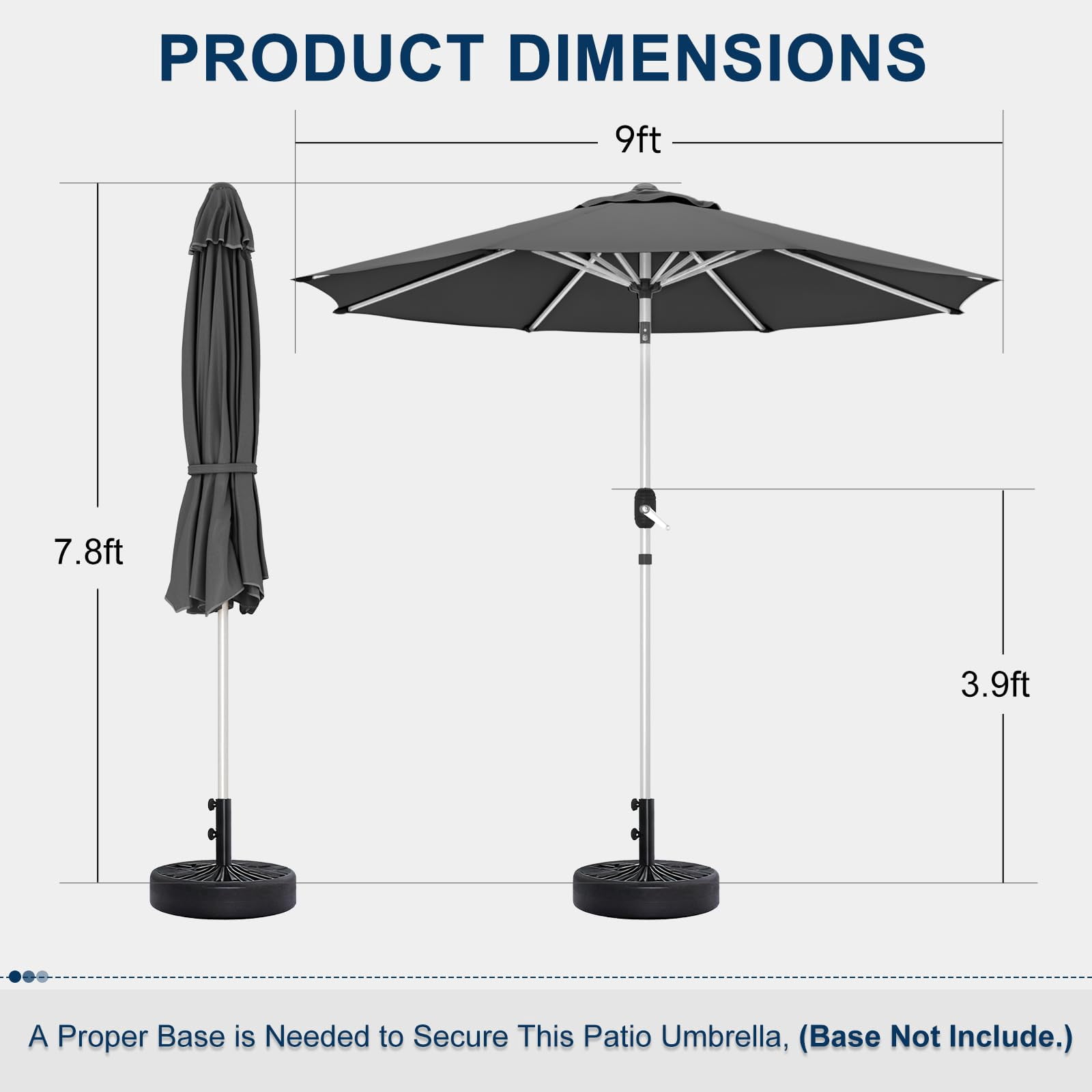9FT Aluminum Outdoor Patio Umbrella, Fade-Resistant Market Umbrella with Push Button Tilt Function, 8 Sturdy All-Aluminum Ribs for Gardens, Patios, Backyards & Pools (Grey)