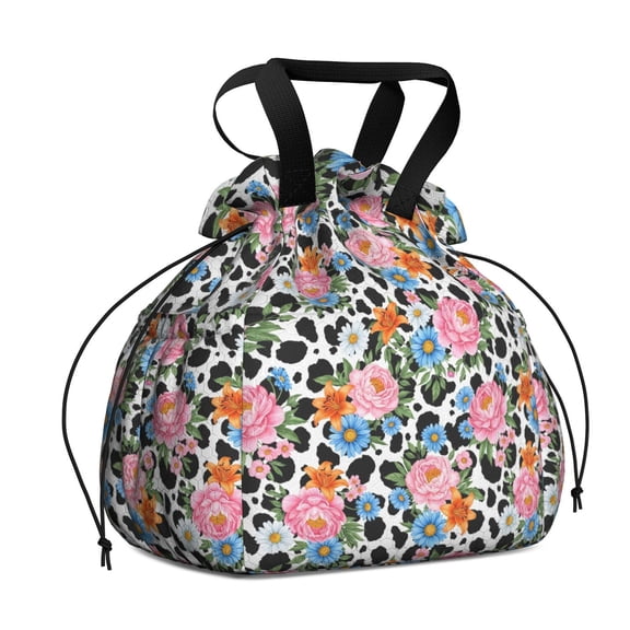Pioneer Flower Floral Print Pattern Drawstring Lunch Bag Women - Drawstring Lunch Bag Insulated for Work Office - Stain-Resistant Large Lunchbags for Women with Multi-Pockets