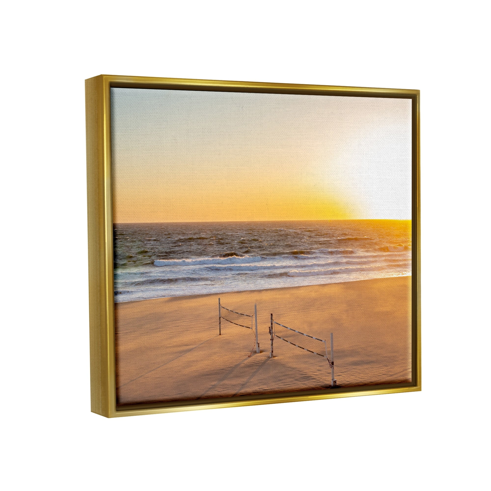 Stupell Industries Radiant Sunset Beach Volleyball Nets Ocean Shoreline Photograph Metallic Gold Floating Framed Canvas Print Wall Art, Design by Jeff Poe Photography